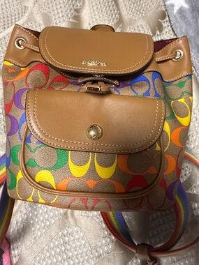 Coach Multicolor Signature Canvas Backpack with Tan Leather Trim